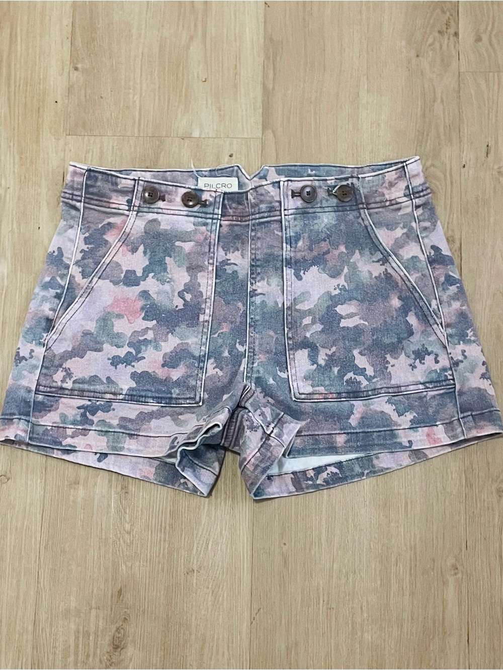 Pilcro Pink and Blue Camo High-Rise Utility Shorts